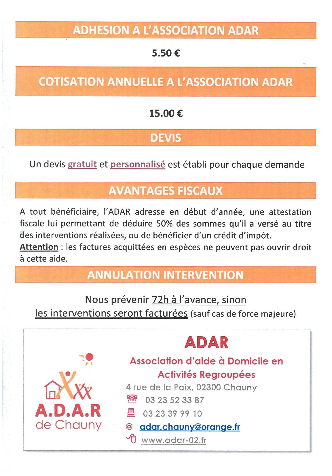 Tarifs aide à domicile Chauny. Tarifs aide à la personne Aisne. Tarifs